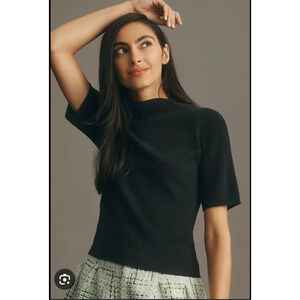 Anthropologie Maeve M Black Short Sleeve Mock Neck Sweater Ribbed Elevated Basic